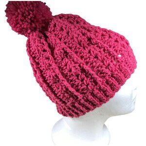 Winter Hat w/PomPom Handmade Crocheted Deep Pink By Donna L.Fits Head 18-22"